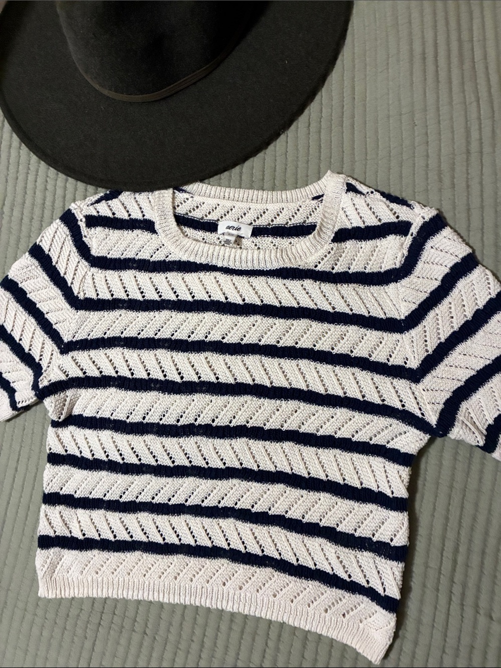 aerie Navy and White Striped Open-Knit Crew Sweater